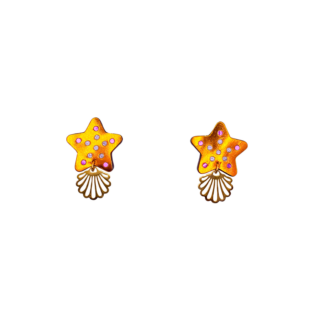 boucles d'oreilles en cuir Manali, fait main, formes étoiles de mer,  orange et violet