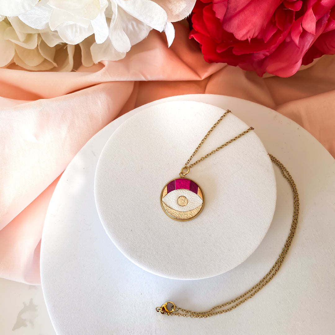 Collier en cuir Oeil Magique rose