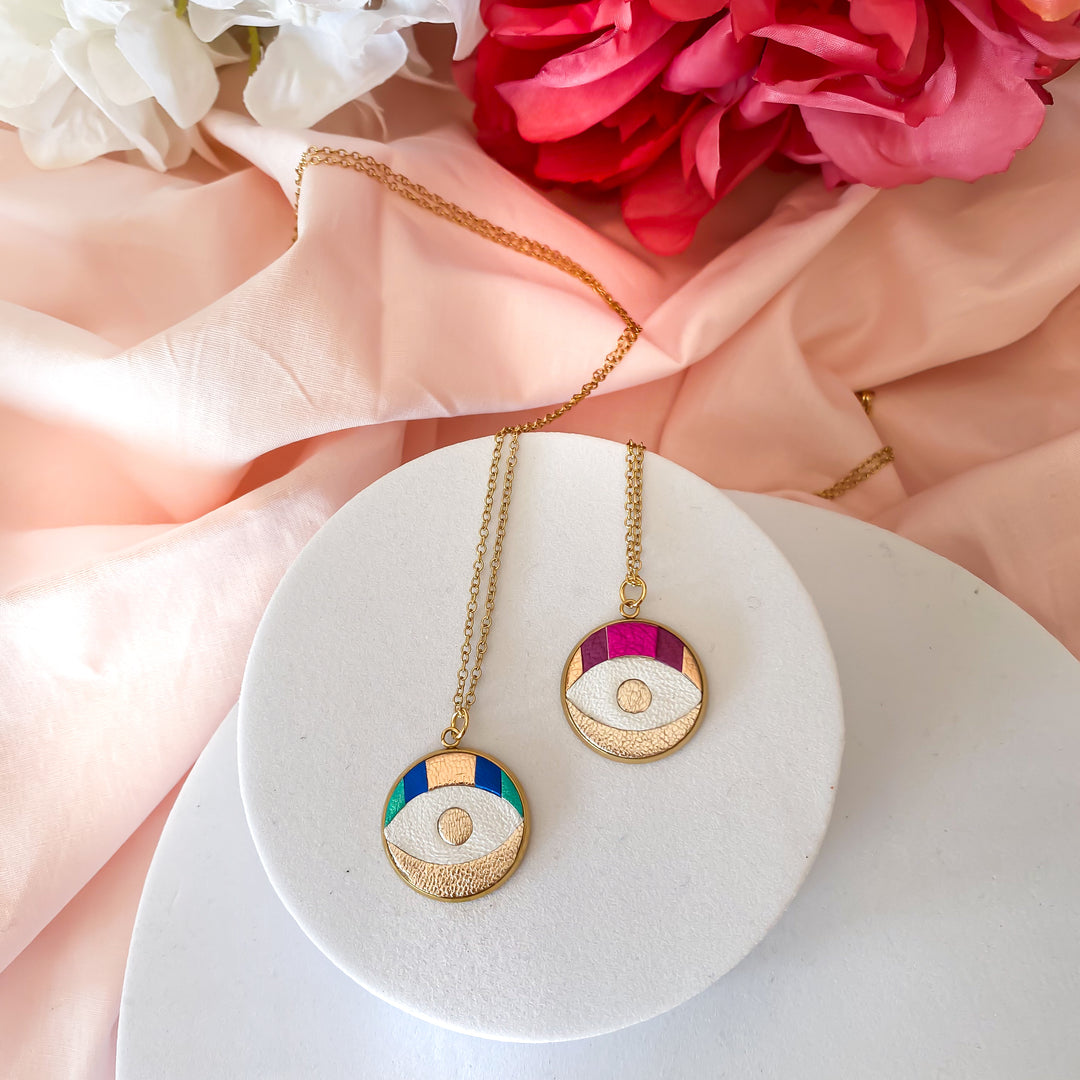 Collier en cuir Oeil Magique rose