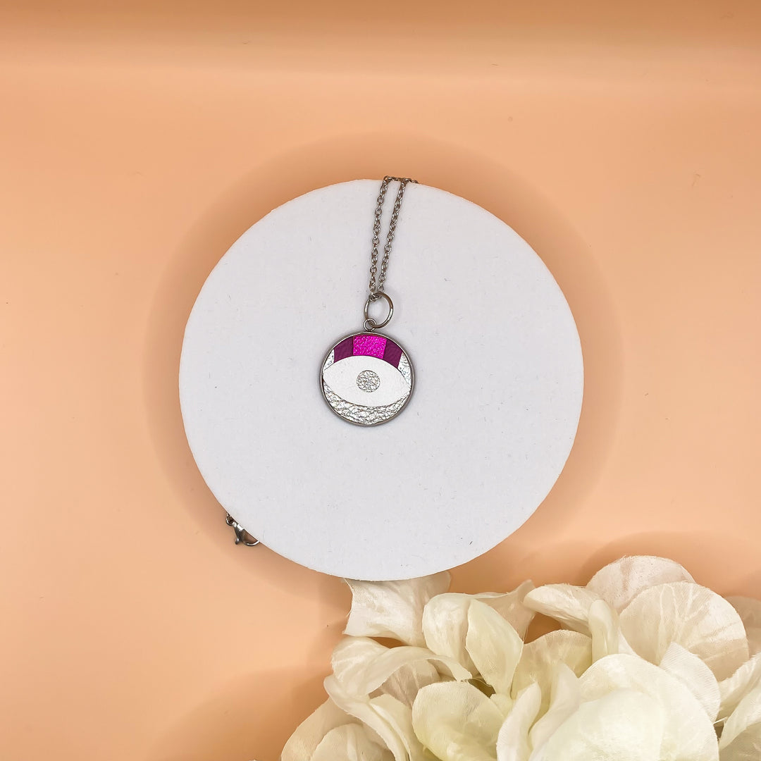 Collier en cuir Oeil Magique rose