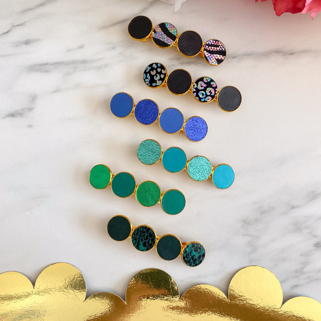 Barrette cheveux en cuir Big doré bleu