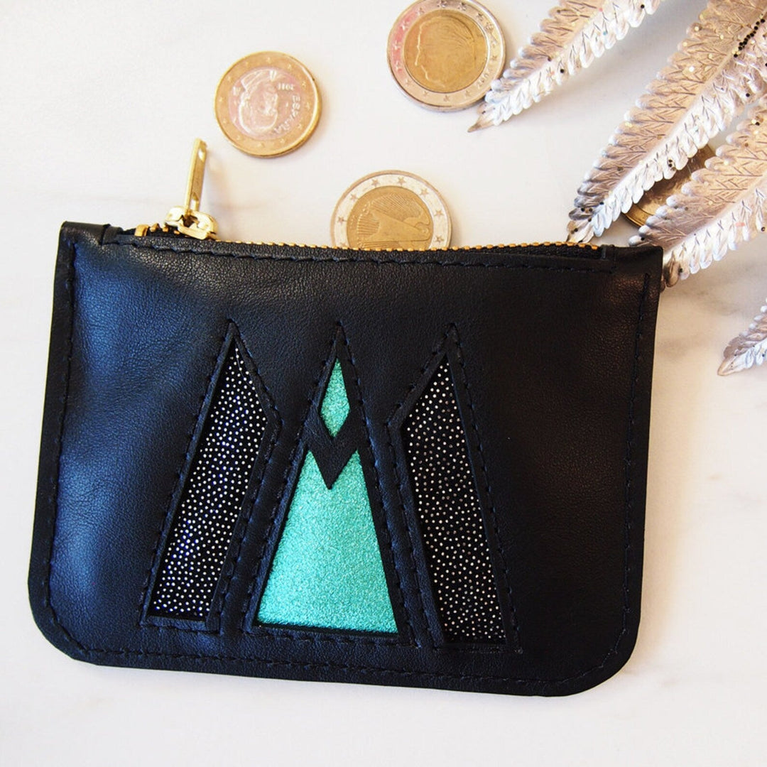 Pochette en cuir noir & turquoise