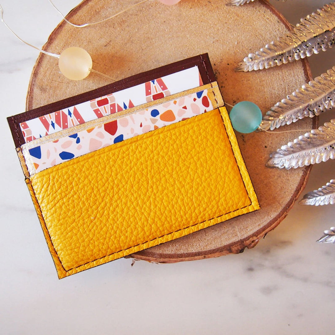 Porte-cartes en cuir marron & jaune