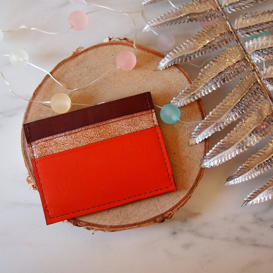 Porte-cartes en cuir marron & orange
