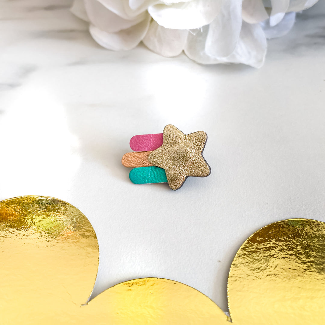 pins en cuir étoile filante, doré, bleu, rose porte bonheur Manali