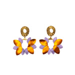 Charger l’image dans la galerie Boucles d’oreilles en cuir fait main en forme de big flower, fleurs, violet, orange, or, artisanat français.

