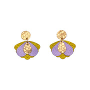 Boucles d’oreilles en cuir fait main en  forme de papillon stylisée, jaune, doré serpent, violet, artisanat français.
