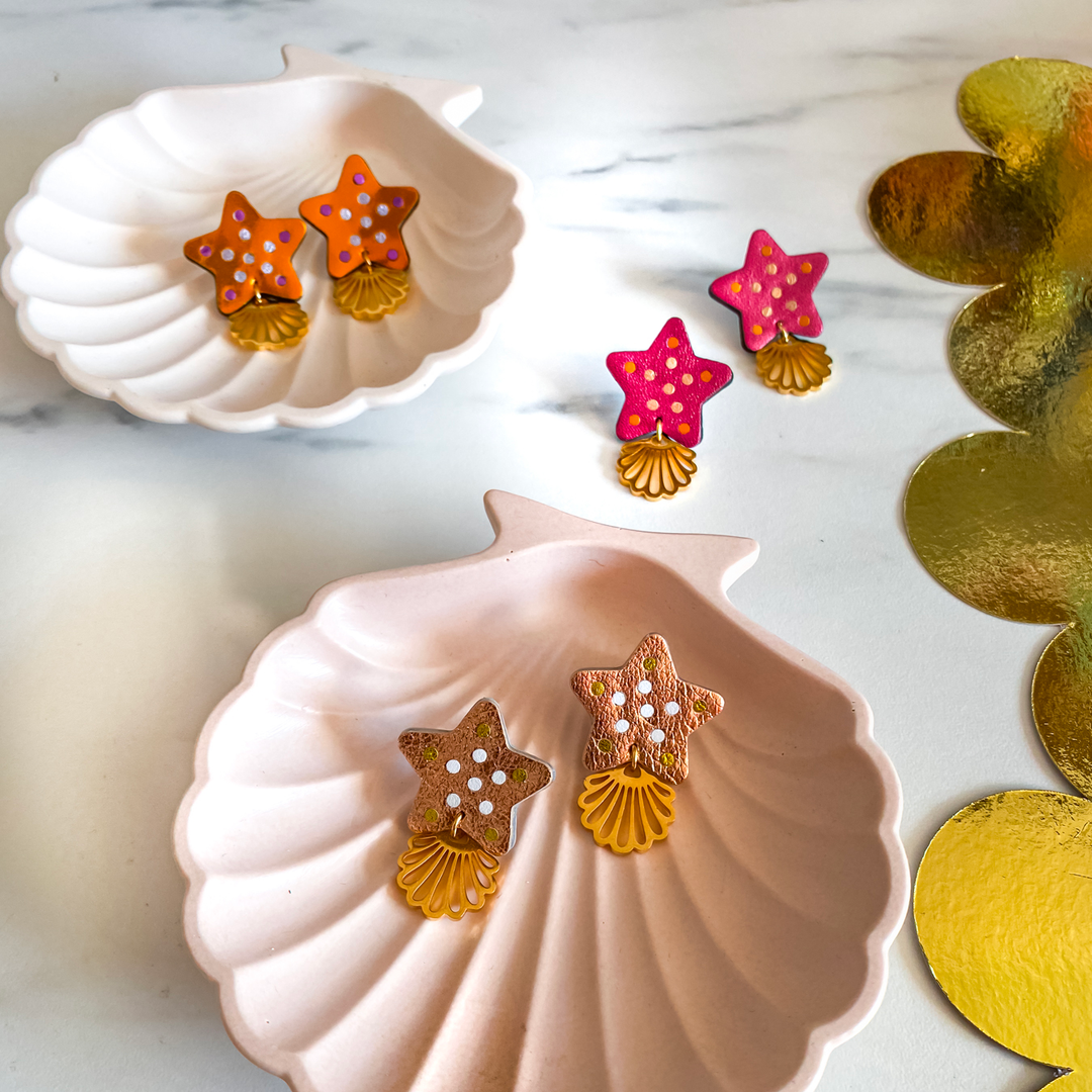 boucles d'oreilles en cuir Manali, fait main, formes étoiles de mer, bleu, rouge, orange, ambre