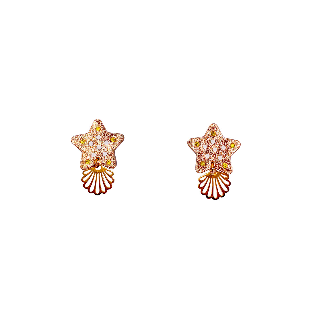 boucles d'oreilles en cuir Manali, fait main, formes étoiles de mer, ambre, jaune et blanc