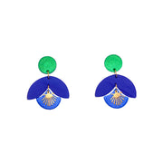 Boucles d’oreilles en cuir fait main en forme de pampilles, bleu et vert, artisanat français.
