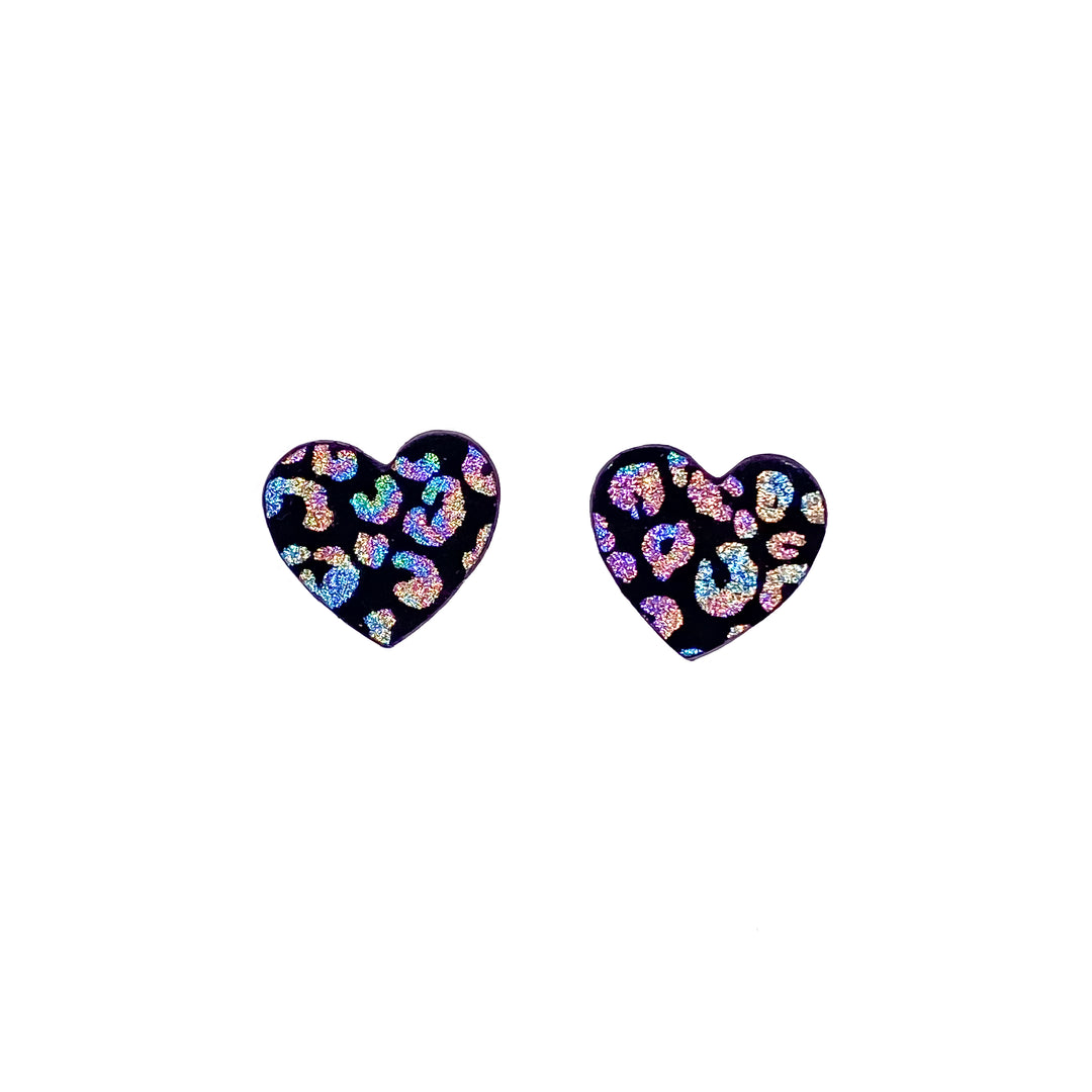 Boucles d’oreilles en cuir fait main en forme de coeur, noir-léopard, artisanat français.