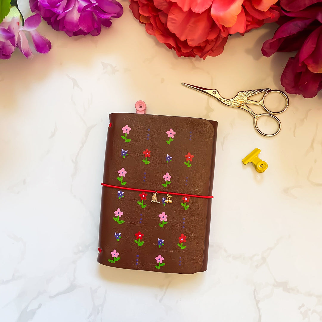 Carnet en cuir rechargeable • marron fleuri