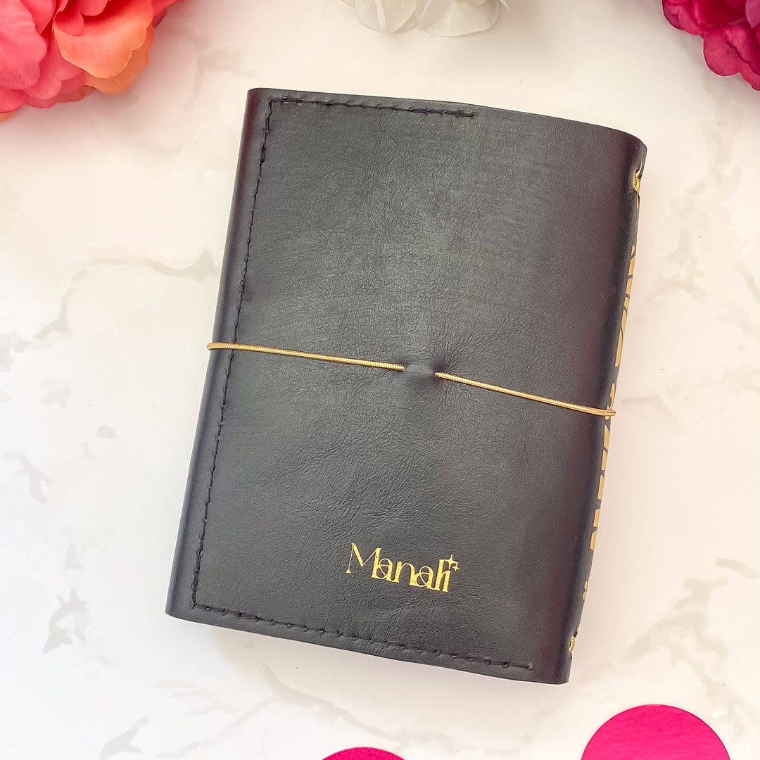 Carnet en cuir rechargeable • noir motif fleur doré