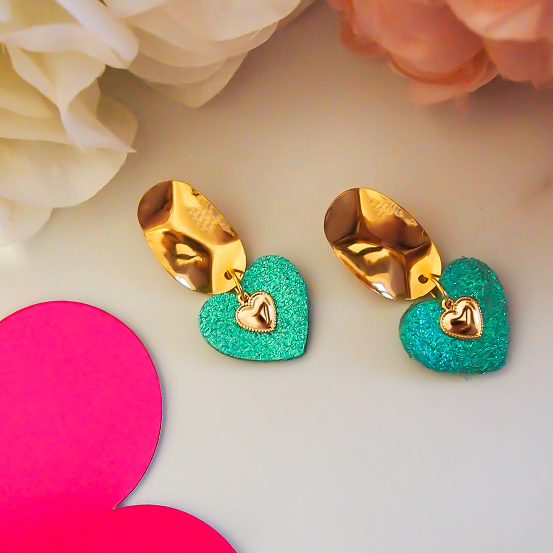 Boucles d'oreilles en cuir coeur doré Turquoise