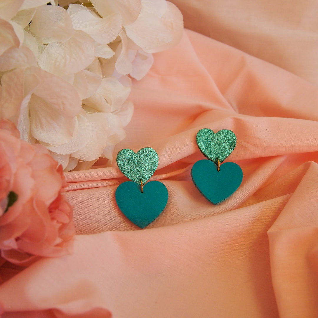 Boucles d'oreilles en cuir double coeur Turquoise