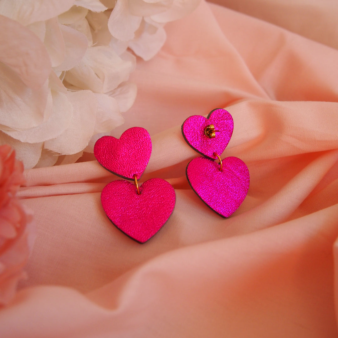 Boucles d'oreilles en cuir double coeur Rose